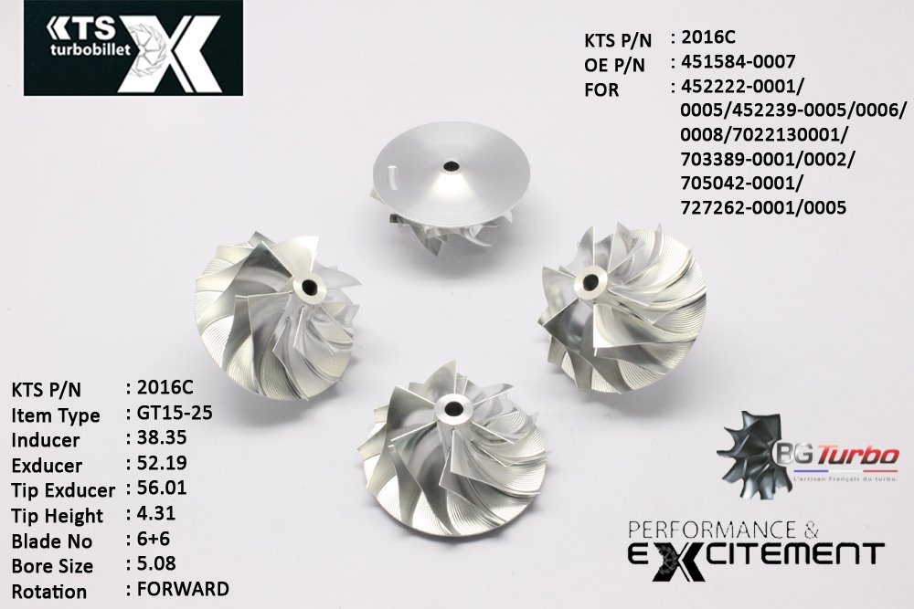 Turbo ROUE FORGÉE MFS PERFORMANCE - 6+6 PALES - INDUCER : 38,35 - EXDUCER : 52,19 - TYPE : GT15-25ANGLE : 60° - ROTATION : Forward - SUPER BACK : 2,39 - BORE SIZE : 5,08
